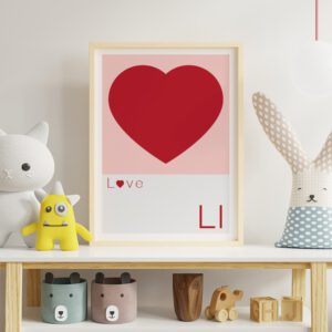 love heart framed print on a shelf in a cool nursery