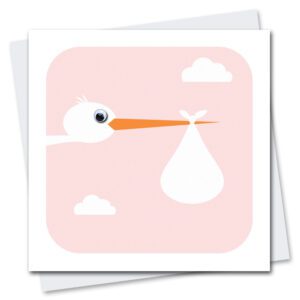 New baby card featuring a stork with googly eyes