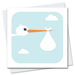 New baby card featuring a stork with googly eyes