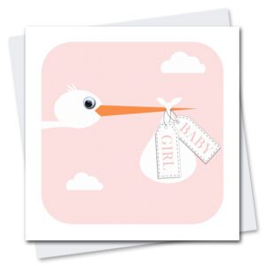 new baby girl card featuring a stork with googly eyes