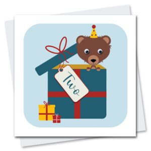 Children's 2nd birthday Card featuring a Bear coming out of a present with Two wrote on the tag