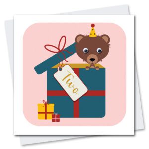 Children's 2nd birthday card featuring a bear with googly eyes