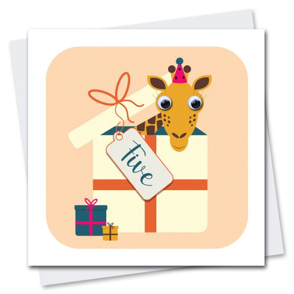 Children's 5th birthday card featuring Georgie Giraffe with googly eyes
