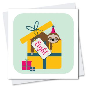 Children's 8th birthday card featuring Sylvan Sloth with googly eyes