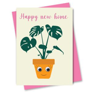 New Home Card featuring a house plant with googly eyes