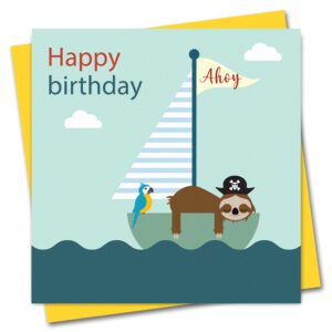 Seaside Children's Birthday Card featuring a sailing boat with a pirate sloth and a parrot on board