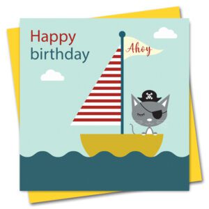 seaside children's birthday card featuring a pirate cat and boat