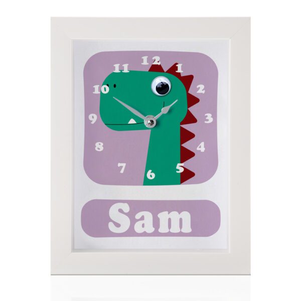 personalised dinosaur clock with googly eyes on lilac background