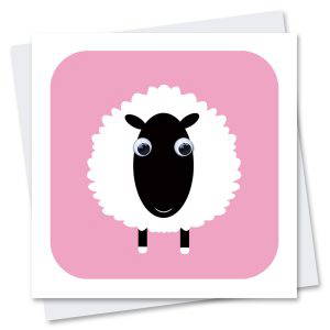 sheep birthday card on a pink background with googly eyes
