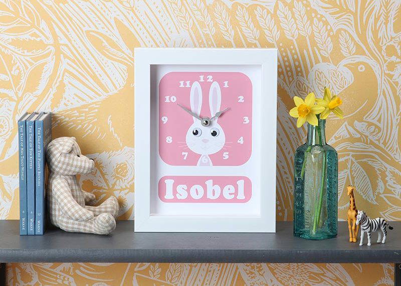 childrens personalised rabbit clock pink for kids