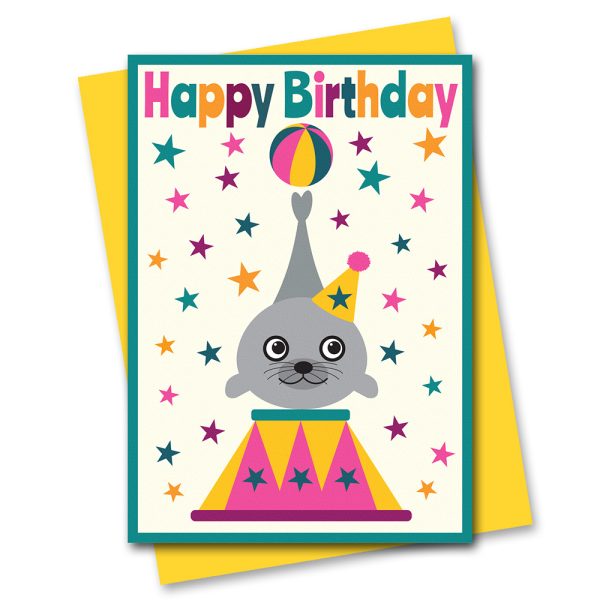 circus birthday card balancing seal