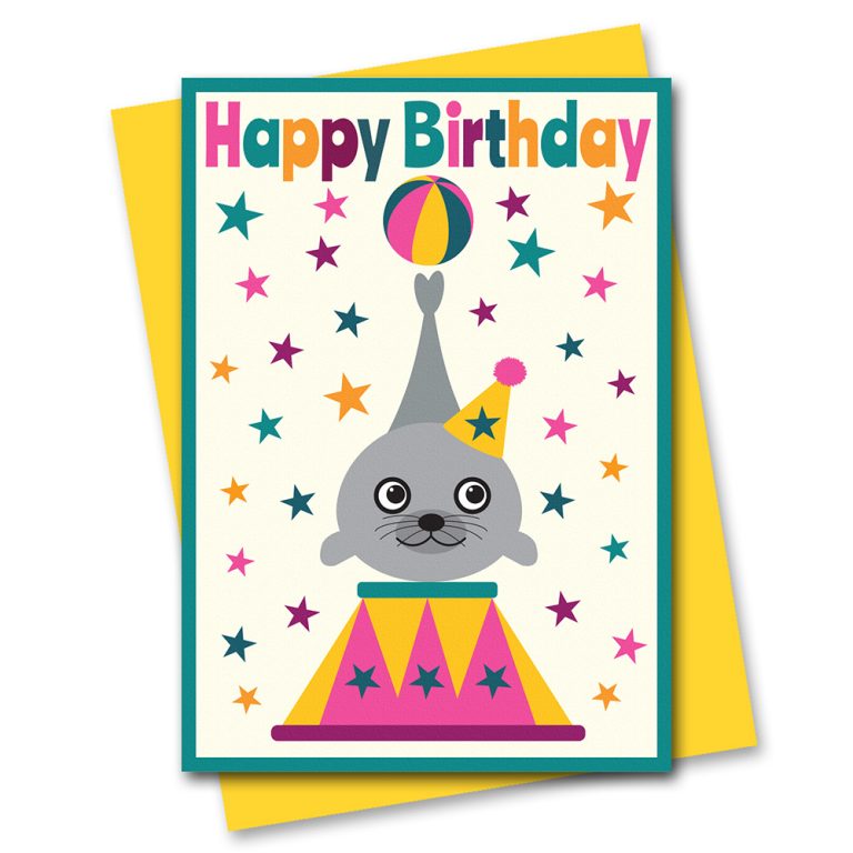 circus birthday card balancing seal