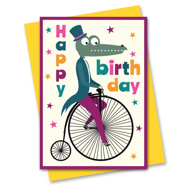 Cir003 Penny Farthing Croc Birthday Card Penny farthing Crocodile birthday card