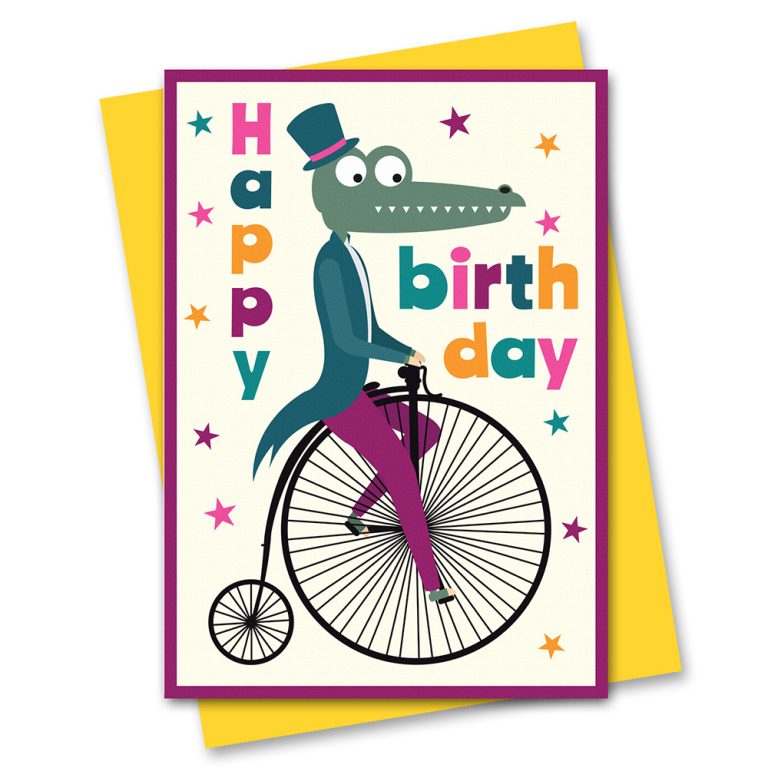Penny farthing Crocodile birthday card