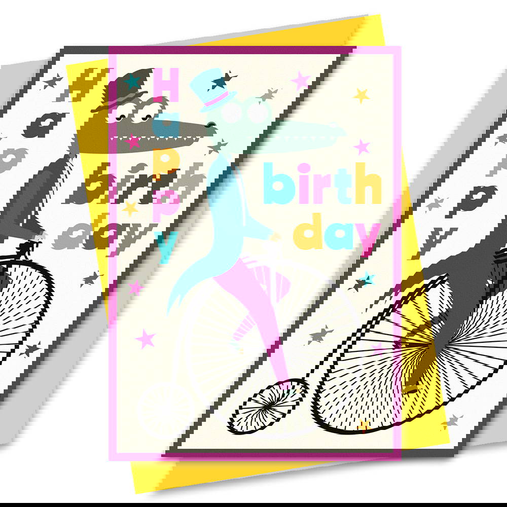 Penny farthing Crocodile birthday card