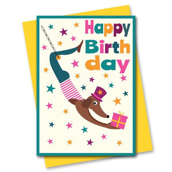 sausage dog trapeze artist birthday card