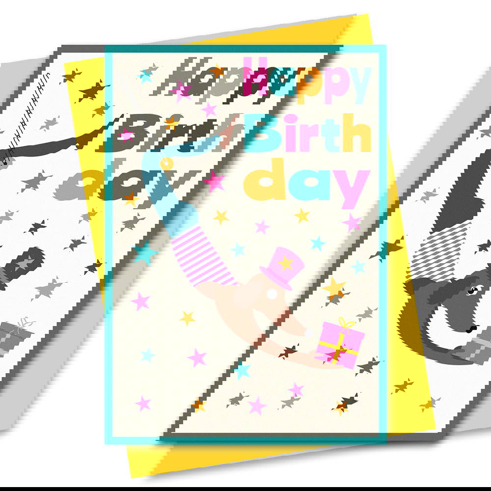 sausage dog trapeze artist birthday card