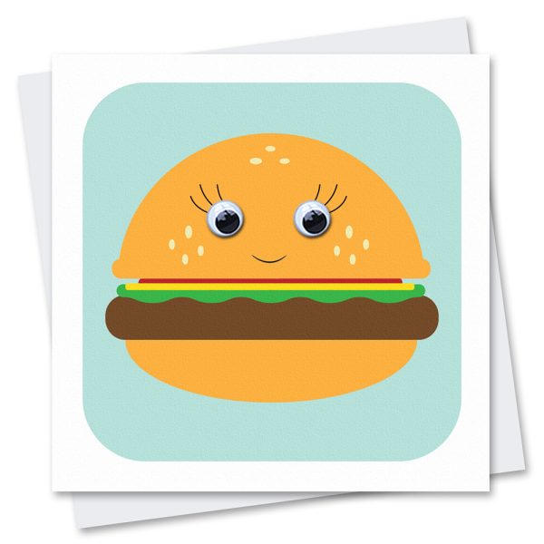 953 Bunny Burger beef burger birthday card with googly eyes