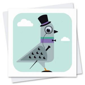 street pigeon card dressed in gentlemen's attire top hat monocle and cane with a googly eye