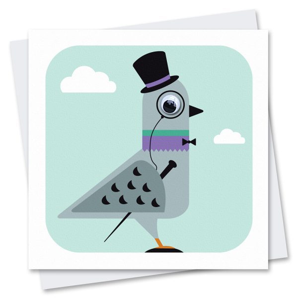 street pigeon card dressed in gentlemen's attire top hat monocle and cane with a googly eye
