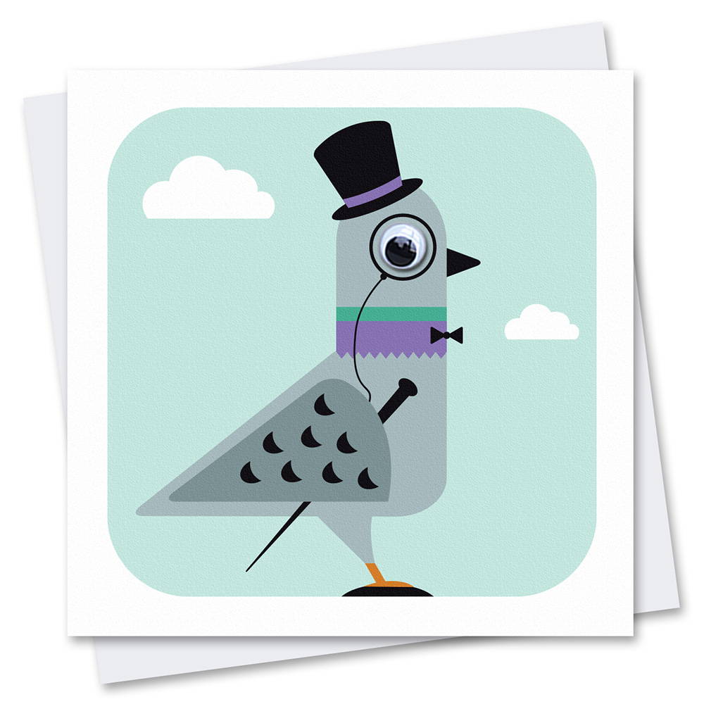 street pigeon card dressed in gentlemen's attire top hat monocle and cane with a googly eye