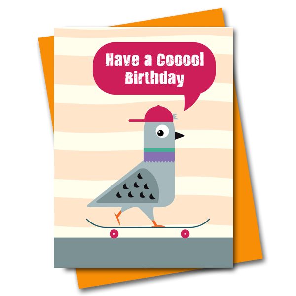 MC851 Skateboarding Pigeon orange skateboarding pigeon birthday card