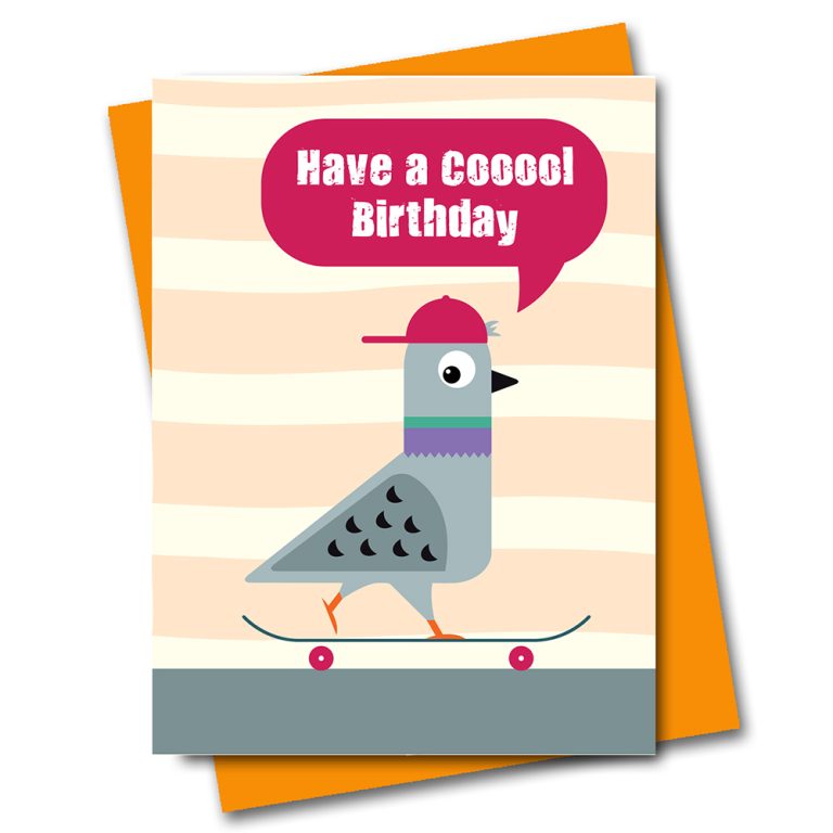 skateboarding pigeon birthday card