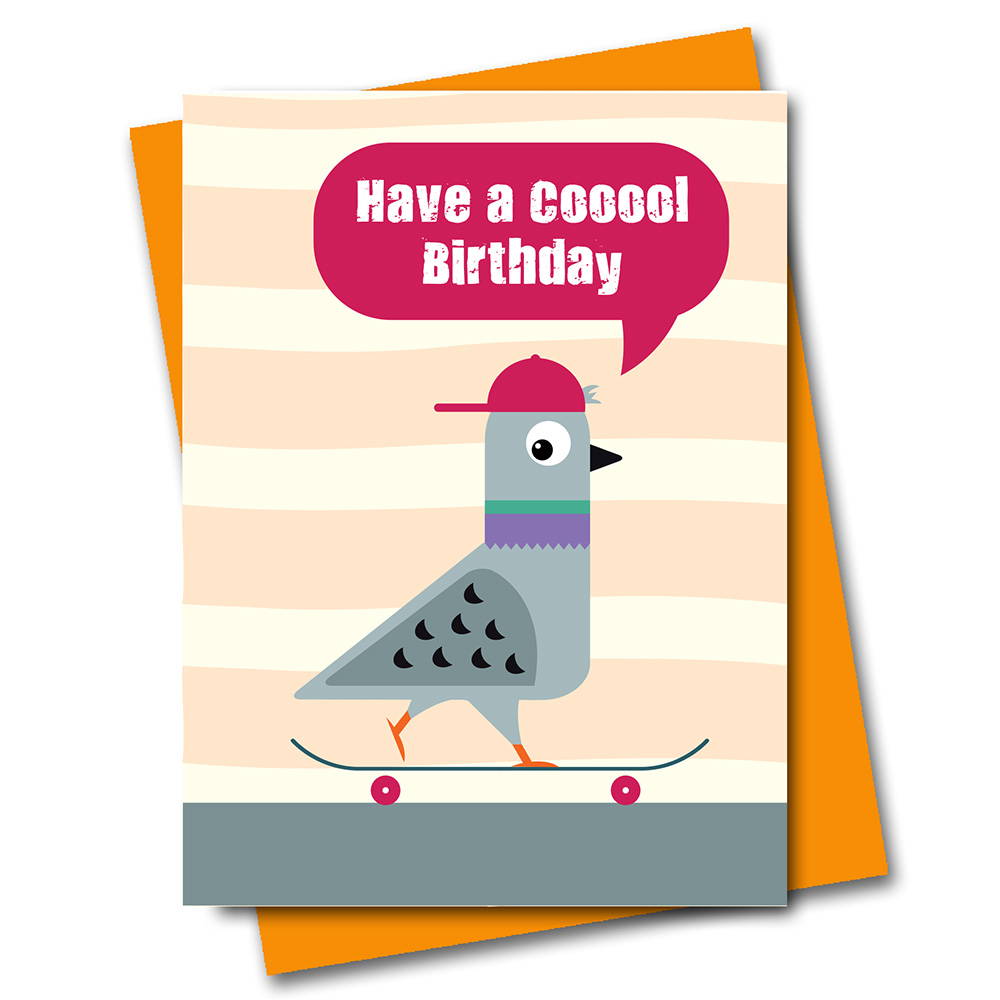 skateboarding pigeon birthday card